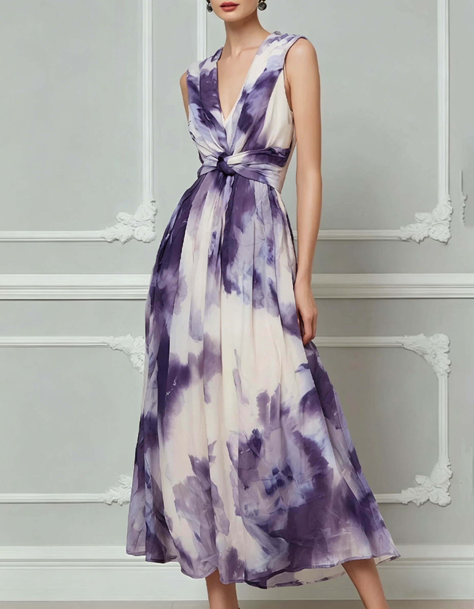 Purple Chiffon Printed V-Neck Fitted Waist Midi Dress