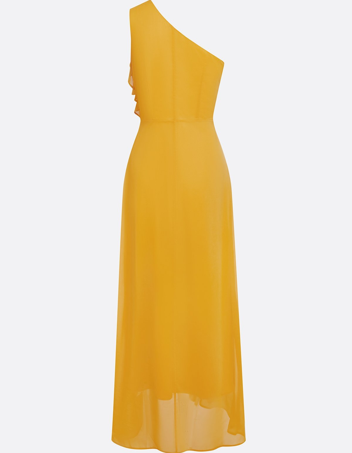 Gelbes Chiffon-Maxikleid mit Rüschen, einseitiger Schulter und tailliert