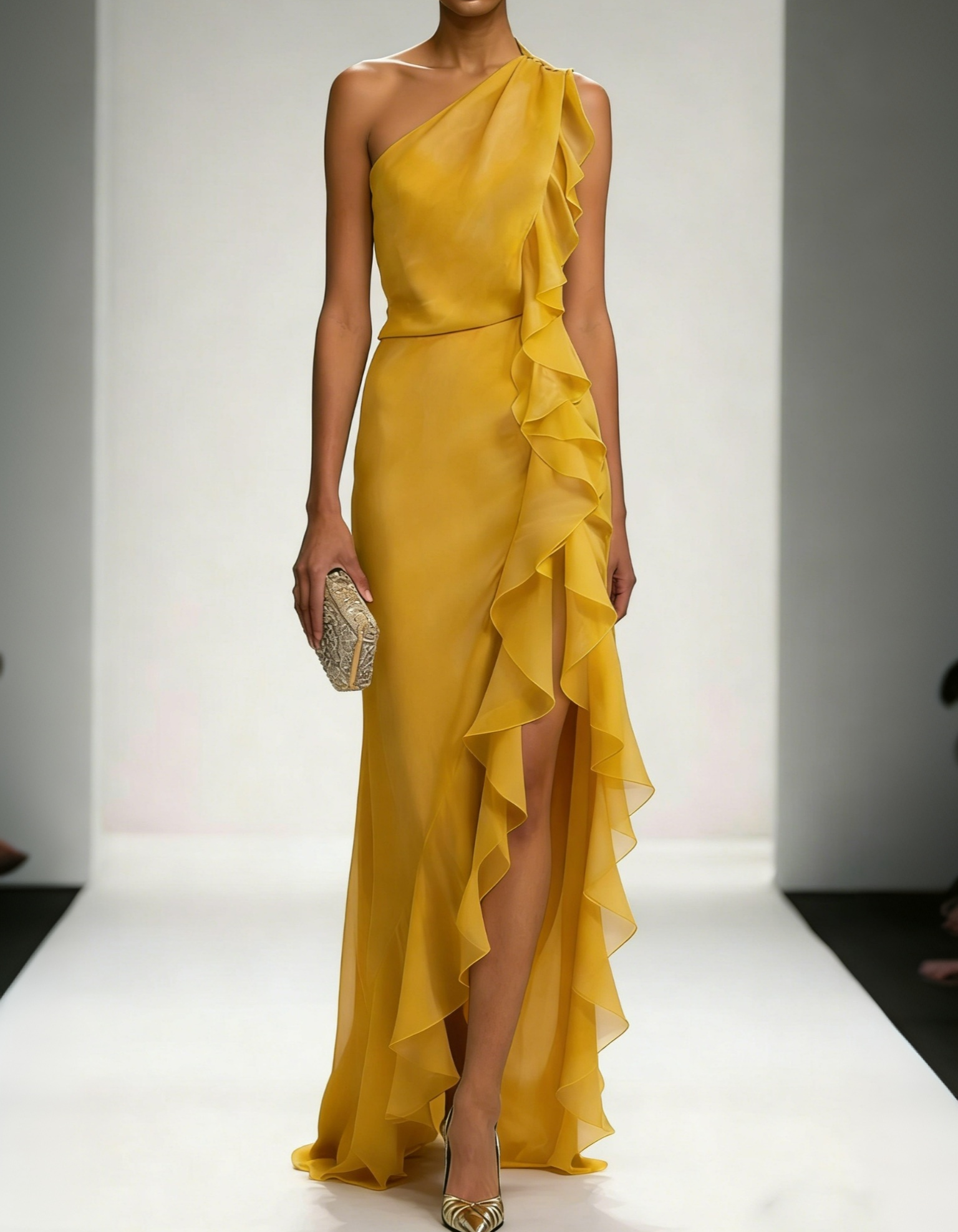 Yellow Chiffon Ruffled One-Shoulder Fitted Waist Maxi Dress