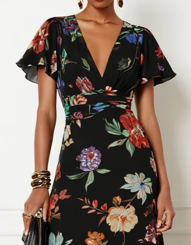 Vestido Midi em Chiffon Preto com Estampa Floral e Cintura Ajustada