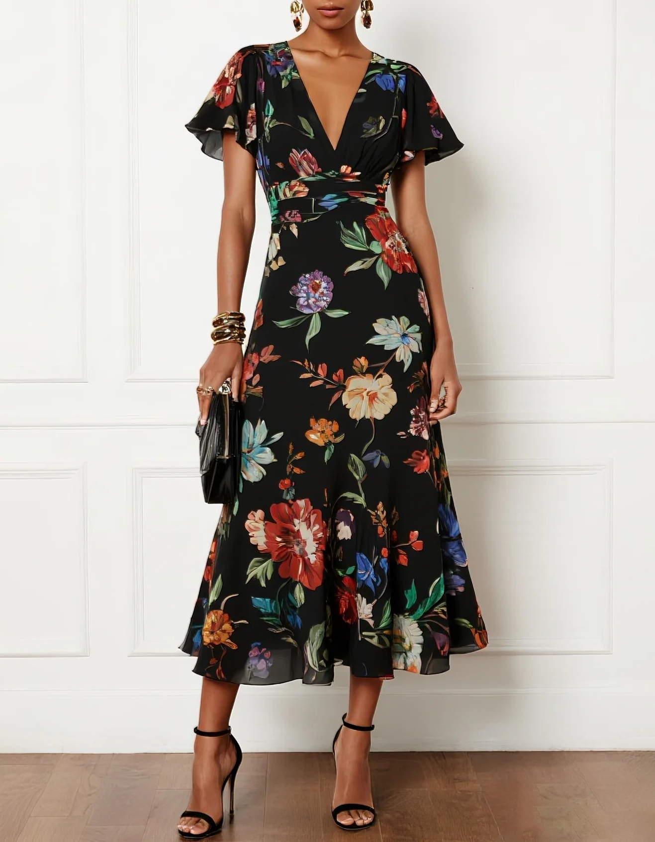 Black Chiffon Floral Print Fitted Waist Midi Dress