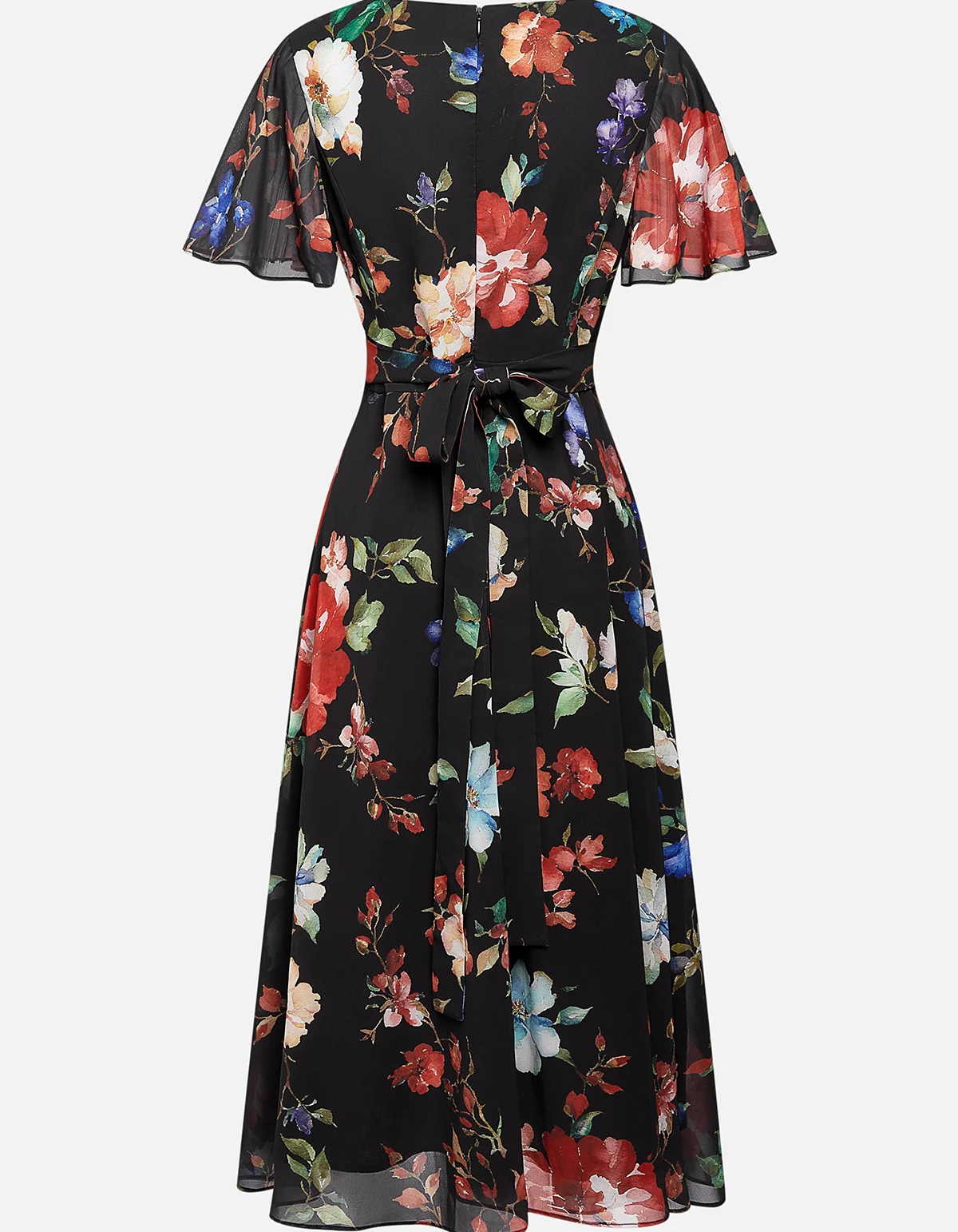 Vestido Midi em Chiffon Preto com Estampa Floral e Cintura Ajustada