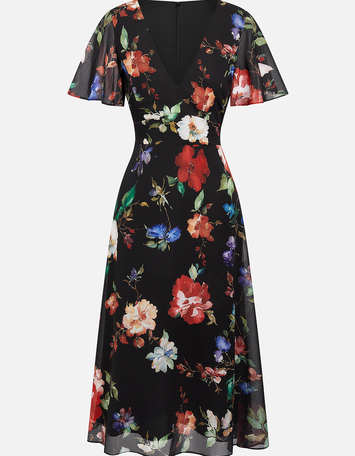 Vestido Midi em Chiffon Preto com Estampa Floral e Cintura Ajustada