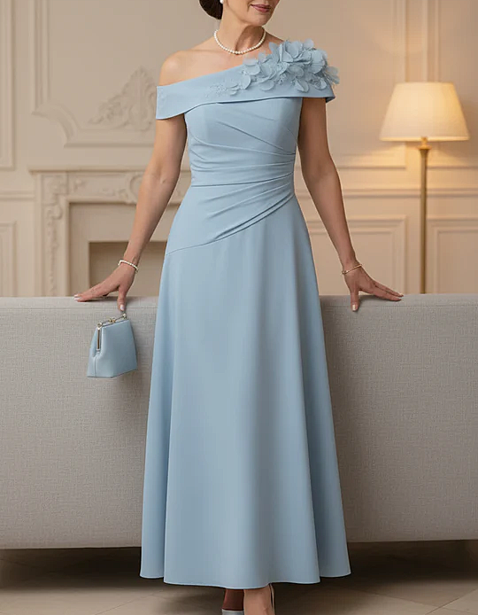Light Blue Chiffon Off-Shoulder Petal Maxi Dress