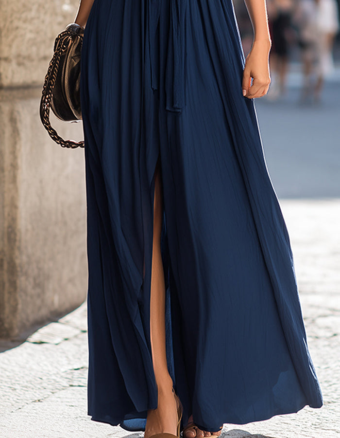 שמלת מקסי Draped עם צווארון V עמוק וקשר הלטר בצבע כחול כהה