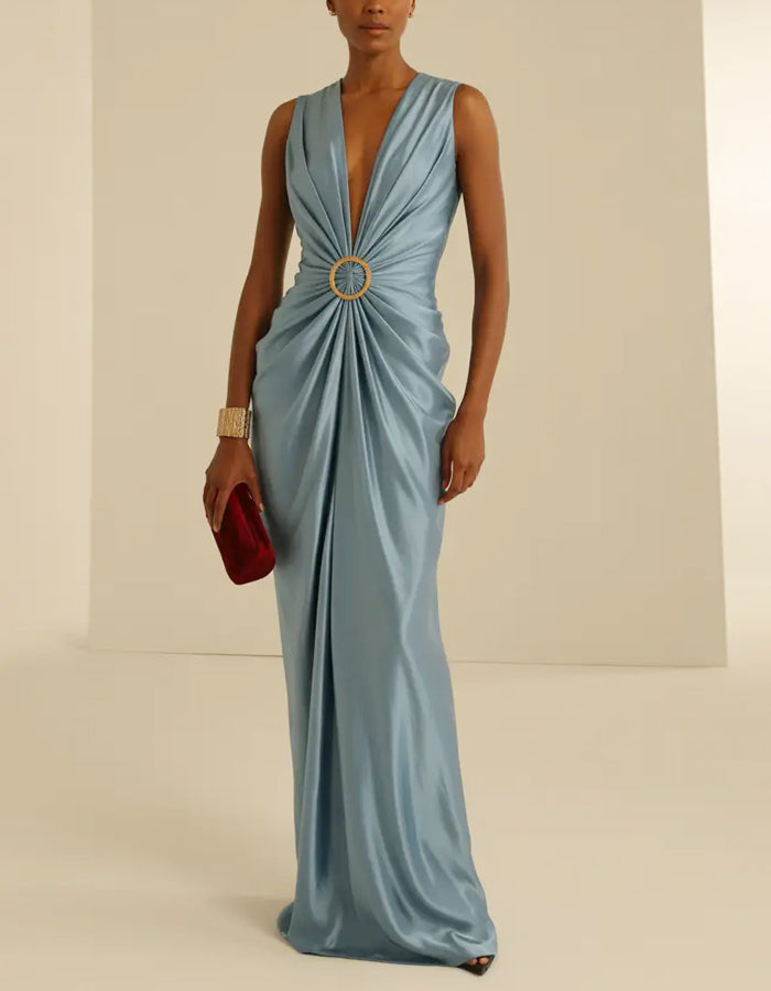 Vestido Maxi de Cetim Azul Acinzentado com Decote Profundo em V e Nó