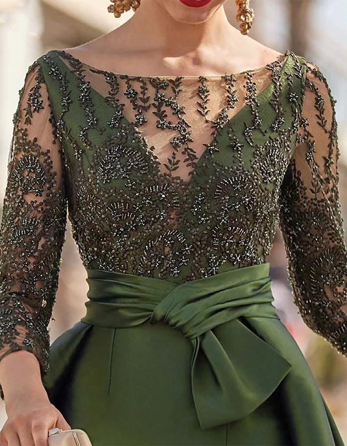 Olive Green Beaded Lace Illusion Neck Satin A-Line Maxi Dress