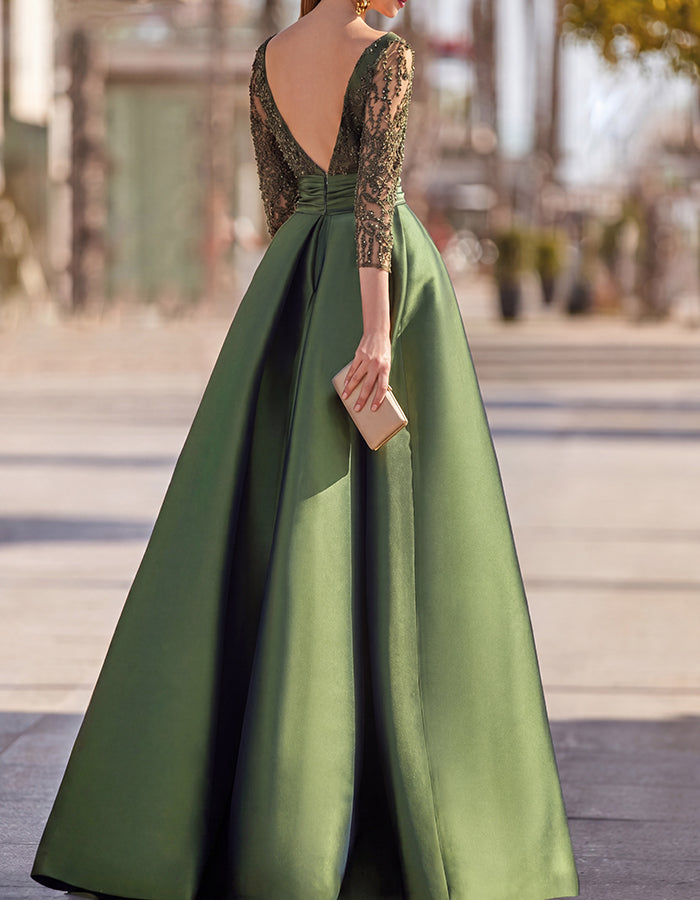 Olive Green Beaded Lace Illusion Neck Satin A-Line Maxi Dress