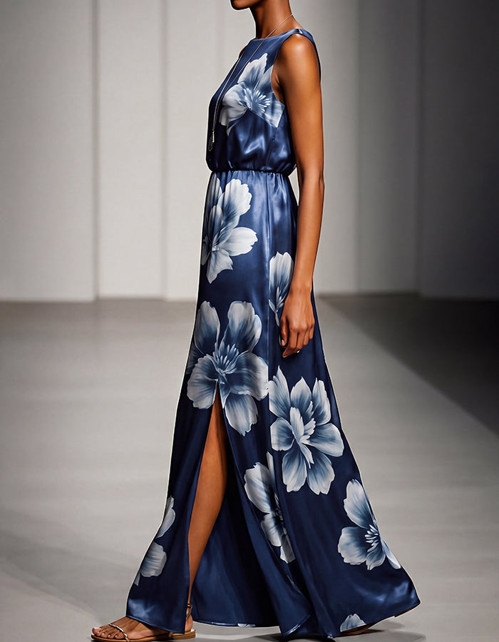 Abito lungo senza maniche in satin blu navy con grande stampa floreale