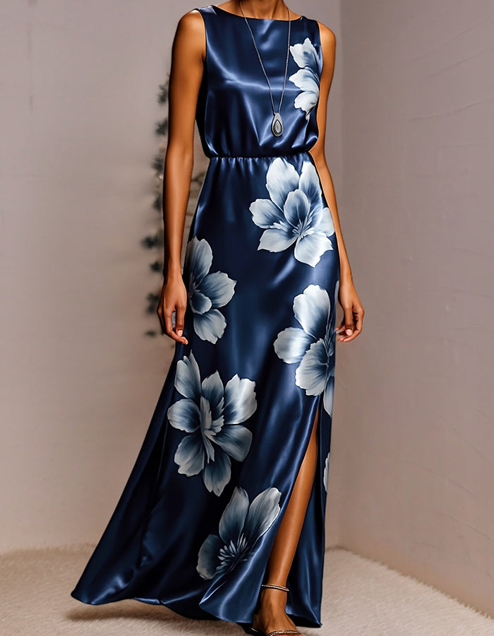 Abito lungo senza maniche in satin blu navy con grande stampa floreale