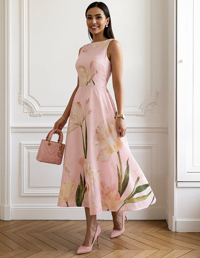 Abito midi rosa con stampa acquerello di tulipani, scollo a barca, senza maniche e vita aderente