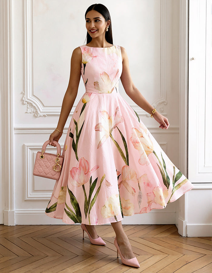 Rochie midi roz cu imprimeu acuarelă cu lalele, guler barcă, fără mâneci și talie ajustată