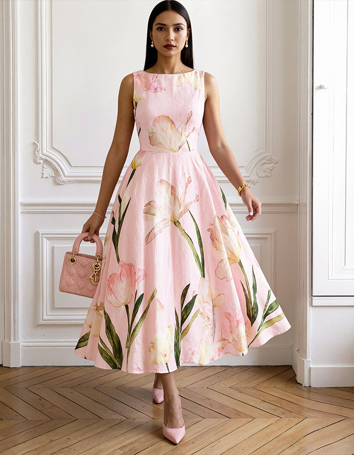 Rochie midi roz cu imprimeu acuarelă cu lalele, guler barcă, fără mâneci și talie ajustată