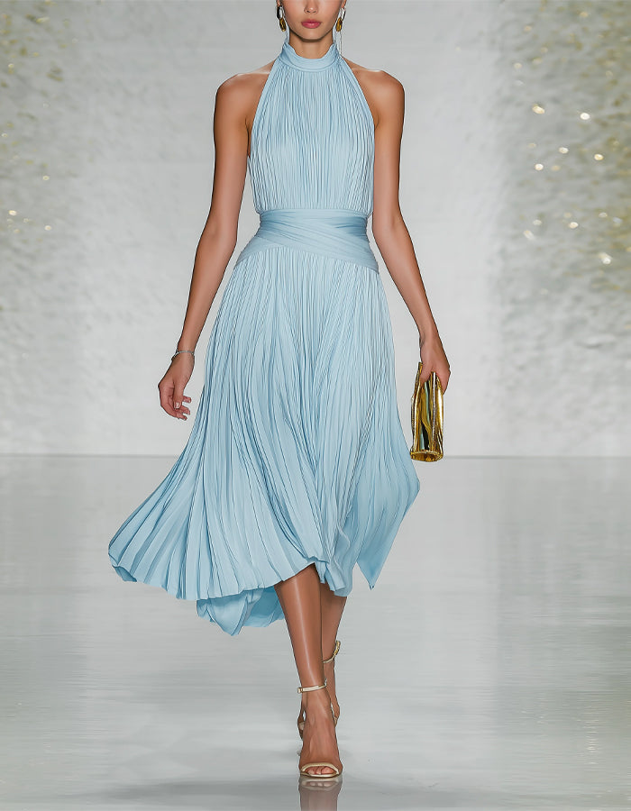 Blue Pleated Halter Neck Midi Dress