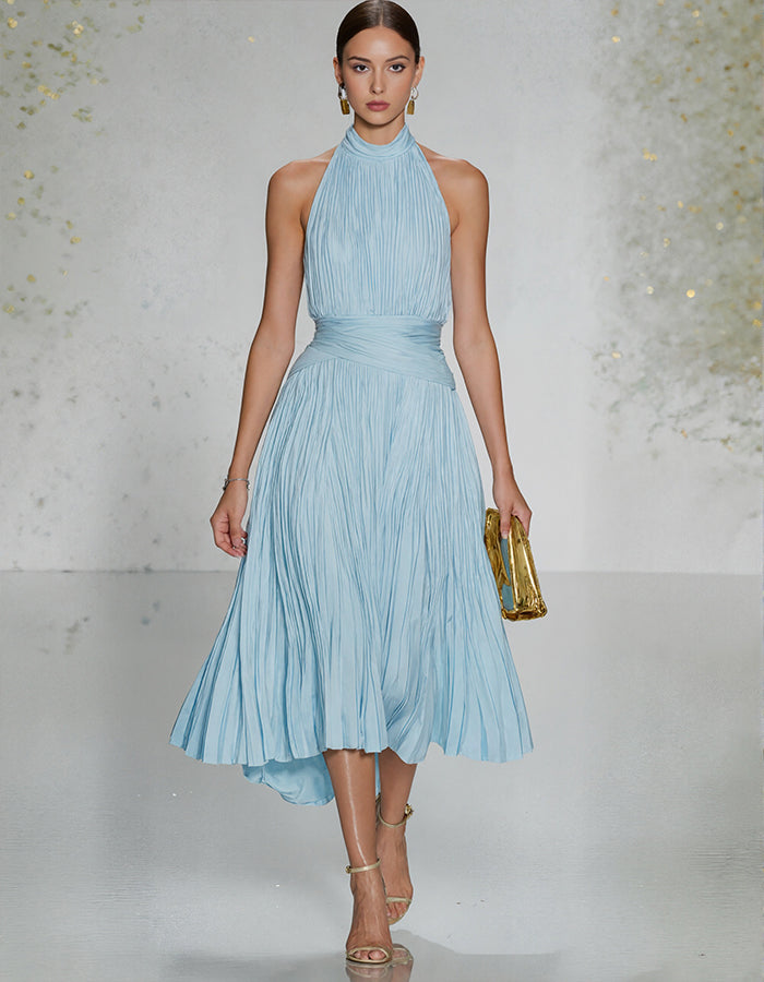Abito midi plissettato blu con collo all'americana