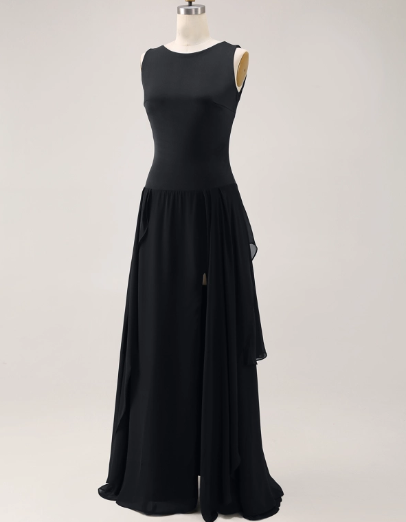 Chiffon-Maxikleid mit rundem Ausschnitt, Weste und unregelmäßigem Saum in A-Linie