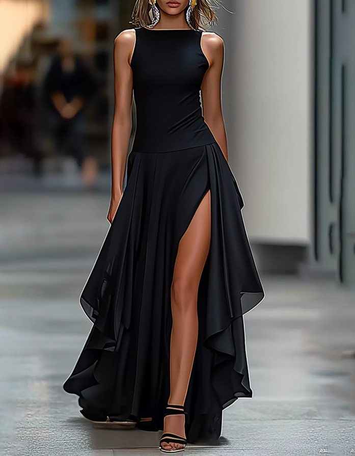 Chiffon Round Neck Vest Irregular Hem A-Line Maxi Dress