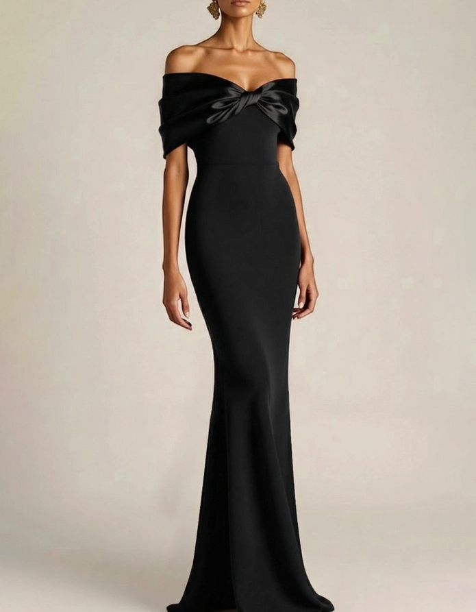 Satin Bow Off-Shoulder Chiffon Fishtail Maxi Dress