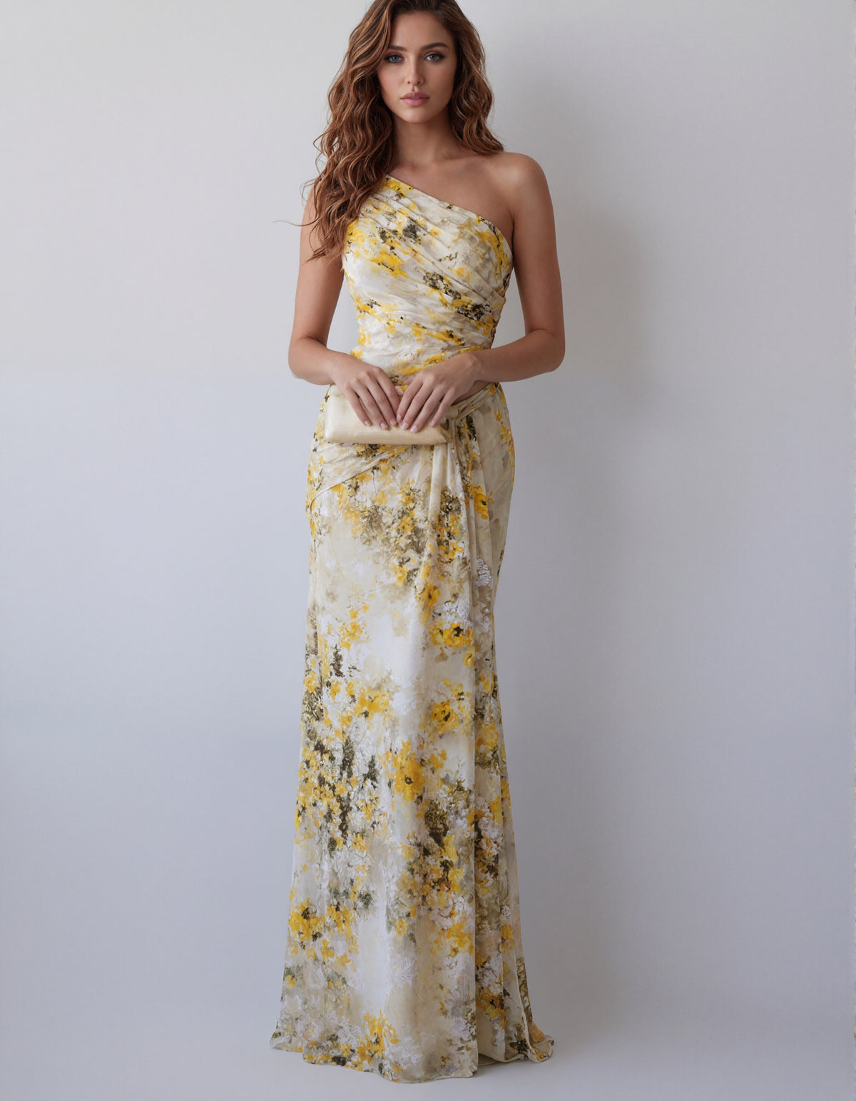 Yellow Watercolor Floral One Shoulder Chiffon Fishtail Maxi Dress