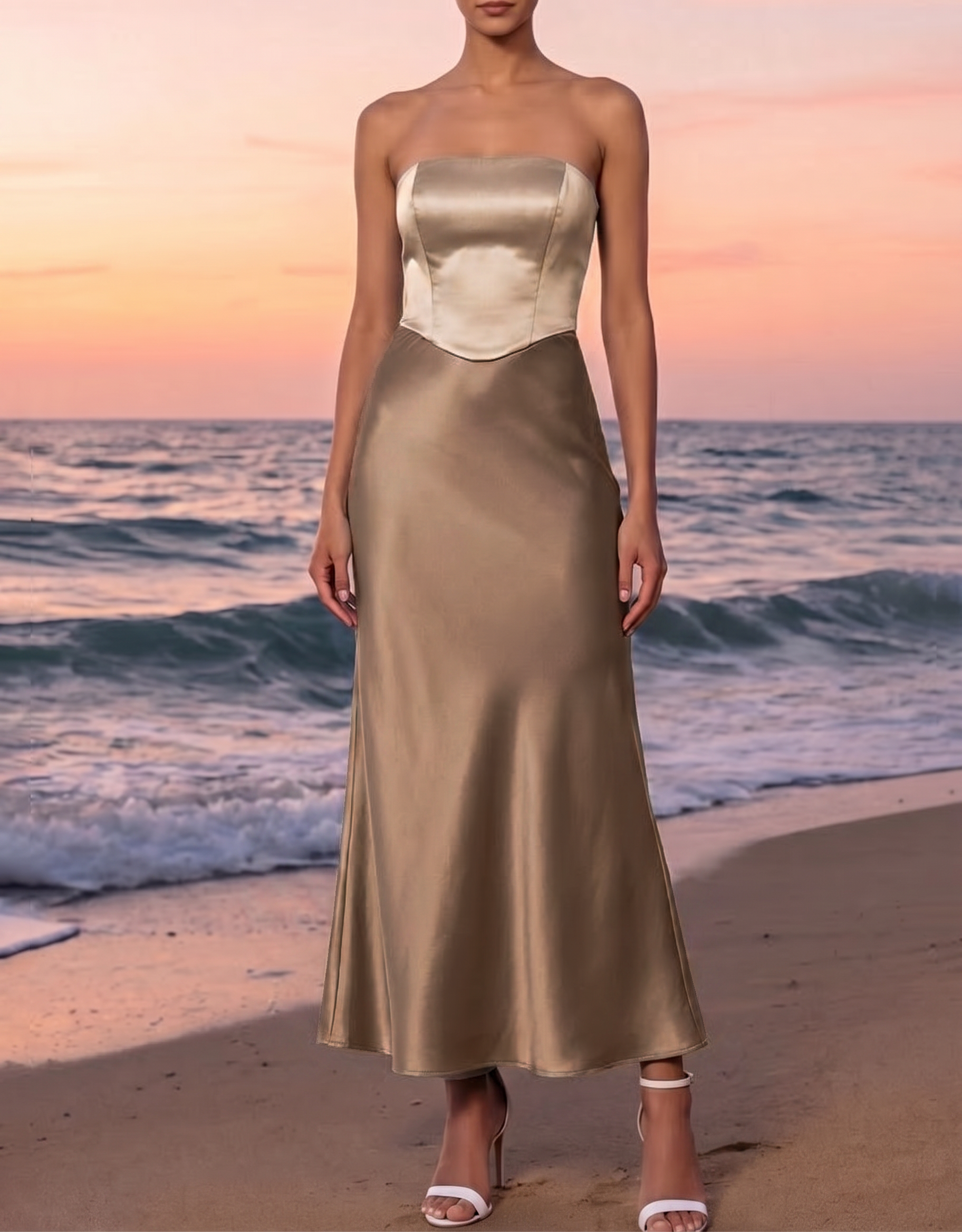 Satin Color-Blocked Strapless Fishtail Midi Dress
