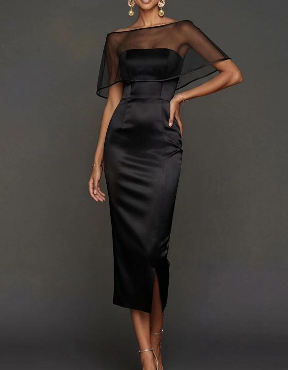 Mesh Shawl Satin Strapless Fishtail 2-Piece Midi Dress