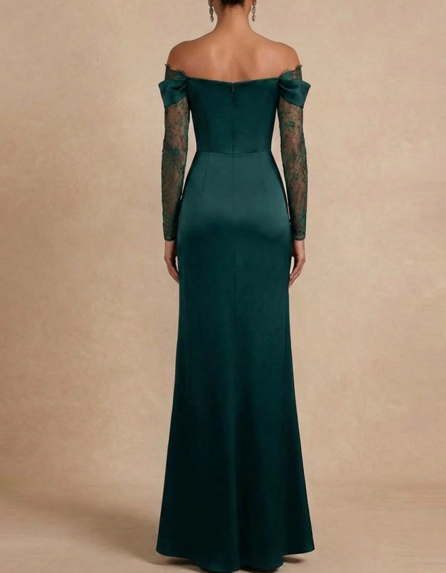 Dunkelgrünes mattes Satin-Maxikleid mit Spitze und Fischschwanz