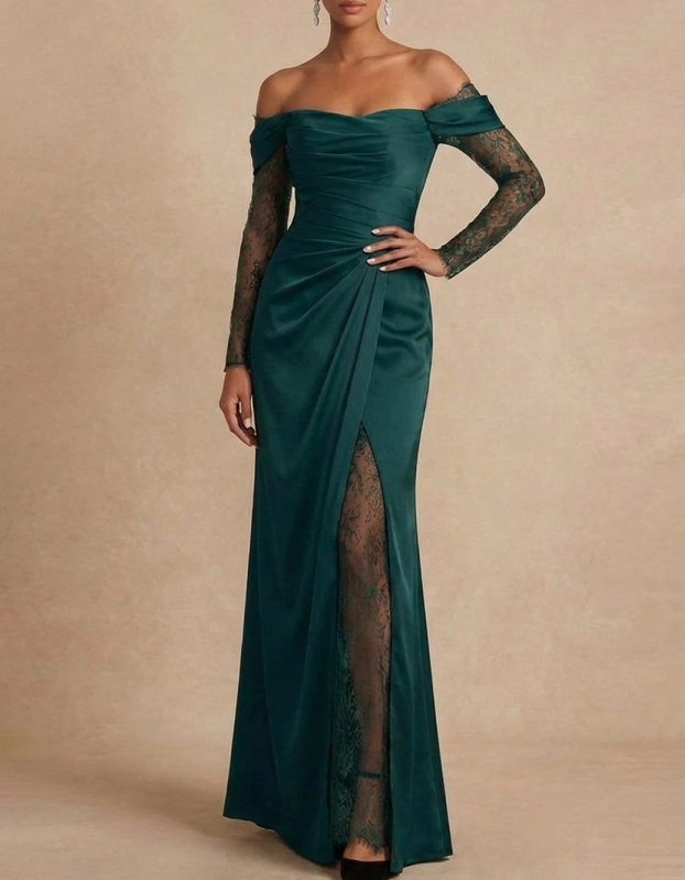 Dunkelgrünes mattes Satin-Maxikleid mit Spitze und Fischschwanz