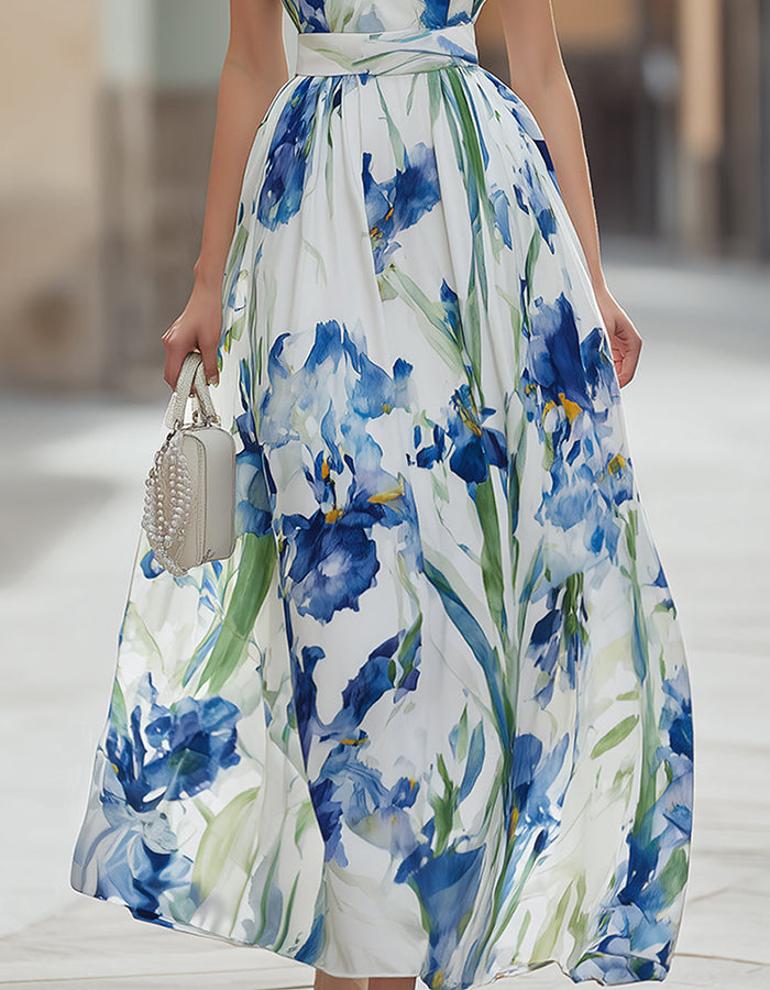 Robe maxi blanche à col carré en mousseline imprimé aquarelle iris bleu