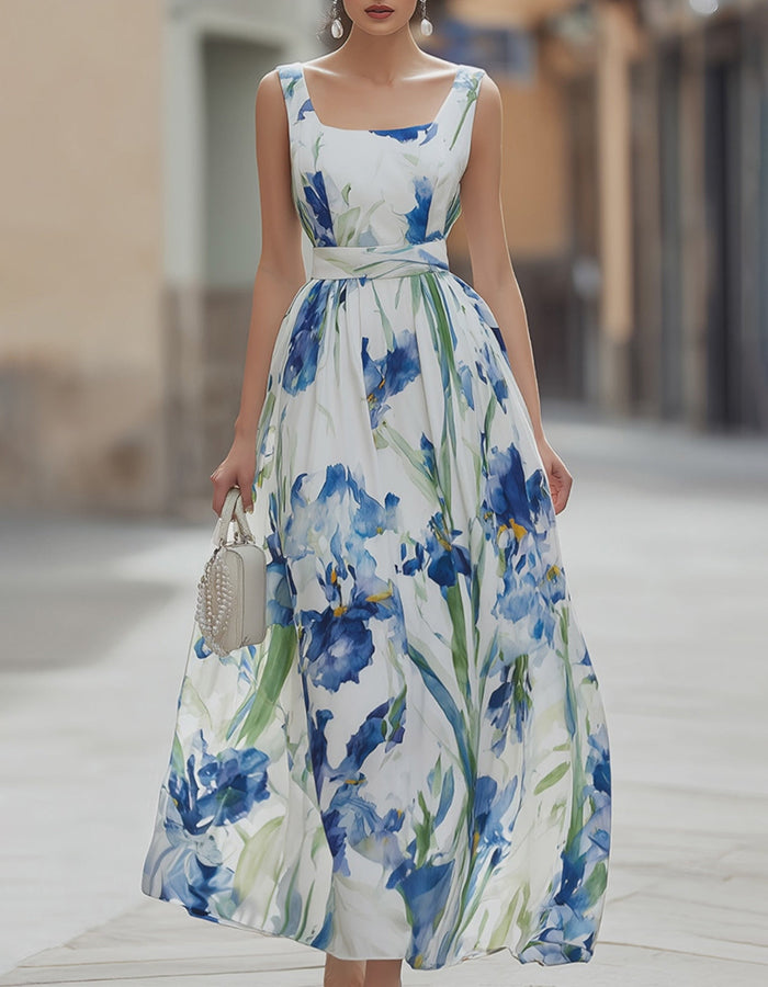 Robe maxi blanche à col carré en mousseline imprimé aquarelle iris bleu