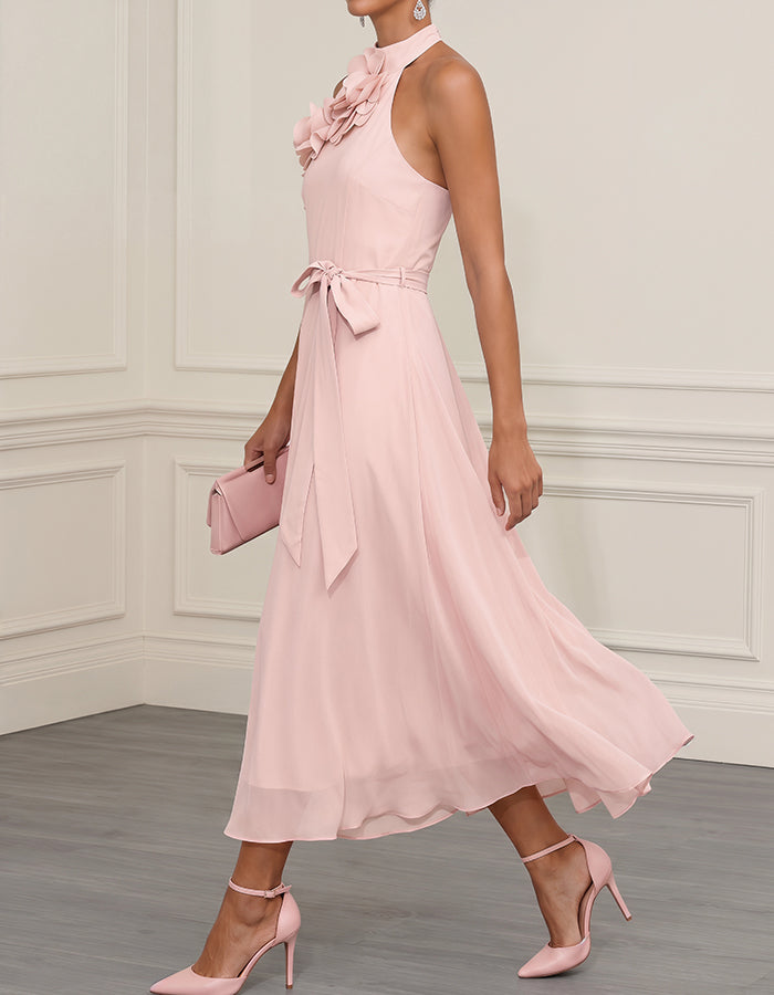 Roze Blush 3D Bloemen Halterhals Chiffon Midi Jurk
