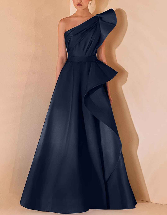 Navy Blue Asymmetric One-Shoulder Satin A-Line Maxi Dress