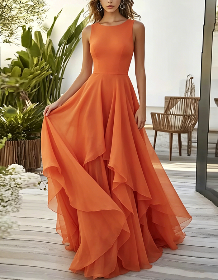 Rochie maxi vibrantă portocalie din șifon, fără mâneci, cu gât rotund și talie ajustată