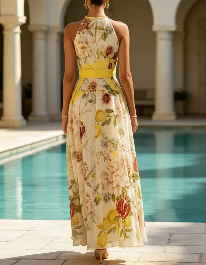 Gelbes Maxikleid mit Blumenmuster und Neckholder