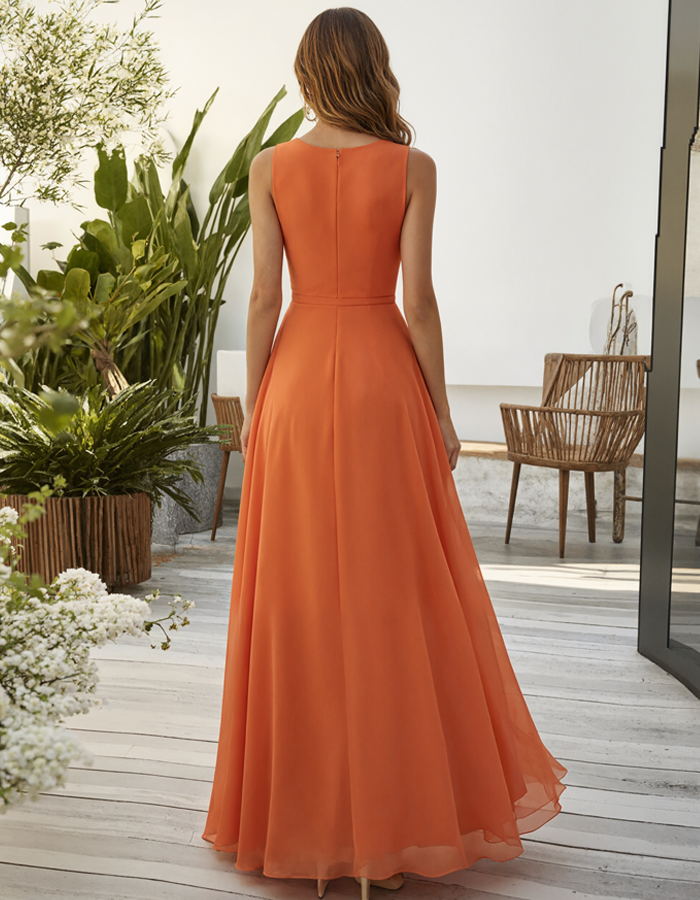 Vestido maxi vibrante naranja de gasa con cuello redondo, sin mangas y cintura ajustada