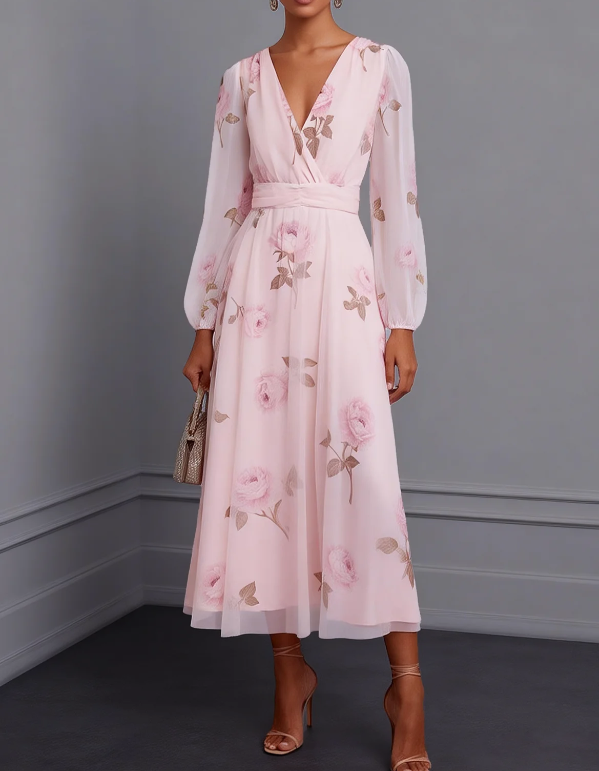 Pink Rose Chiffon Print Midi Dress