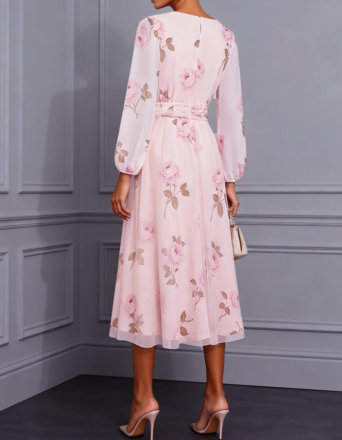 Robe midi en mousseline rose à motif rose