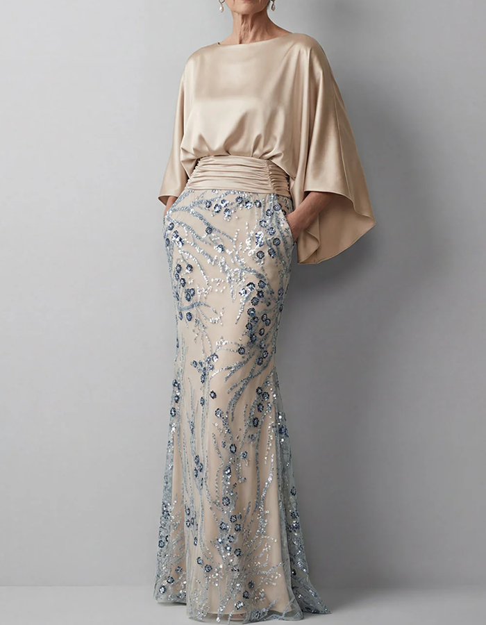 Champagne-colored Satin Cape-sleeved Maxi Dress – Elirelle