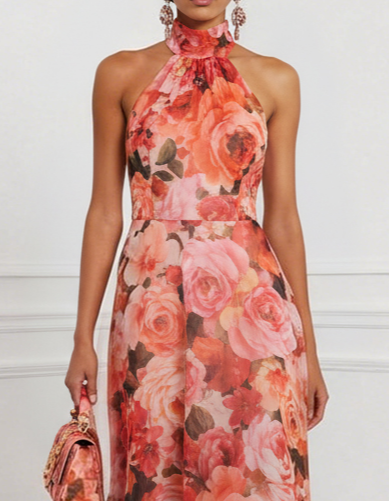 Orange-Rotes Chiffon-Maxikleid mit Blumenmuster
