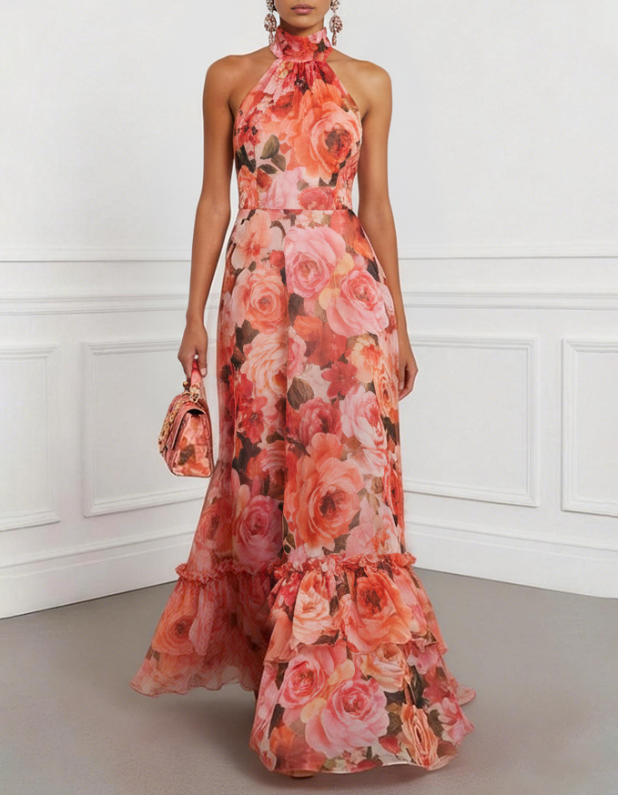 Orange-Red Chiffon Floral Print Maxi Dress