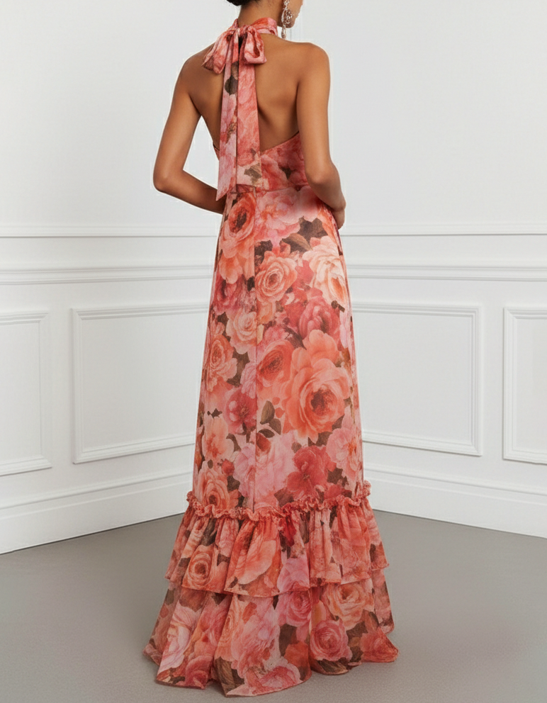 Orange-Rotes Chiffon-Maxikleid mit Blumenmuster