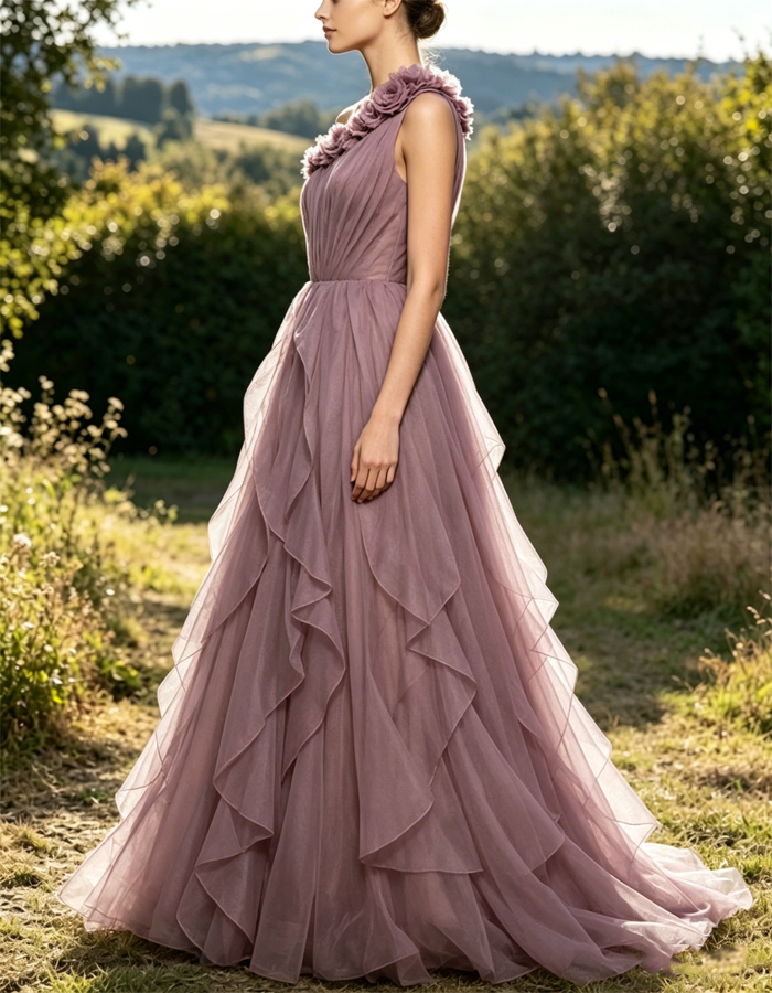 Robe longue mauve pâle à une épaule ornée de fleurs 3D