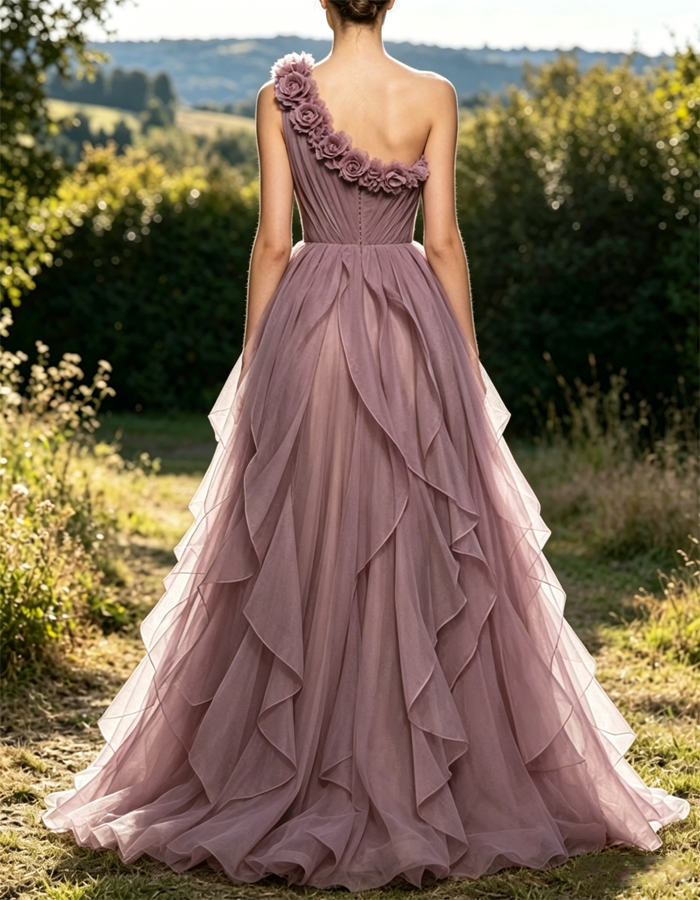 Robe longue mauve pâle à une épaule ornée de fleurs 3D