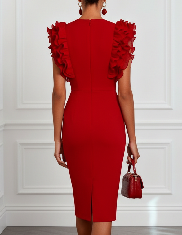 Vestido midi ajustado de gasa con escote profundo en V y volantes