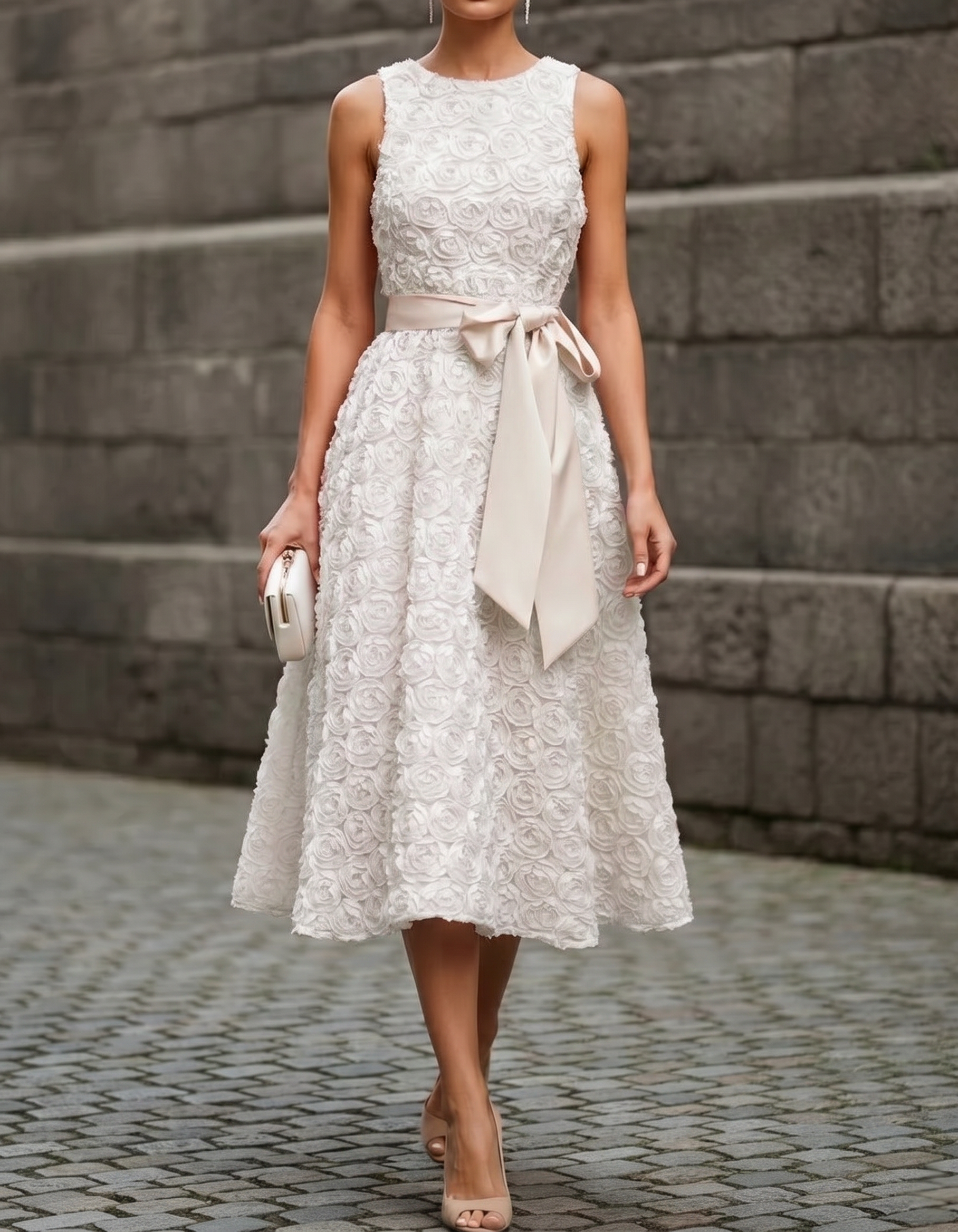 Pink Rose Chiffon Round Neck Fitted Waist Midi Dress