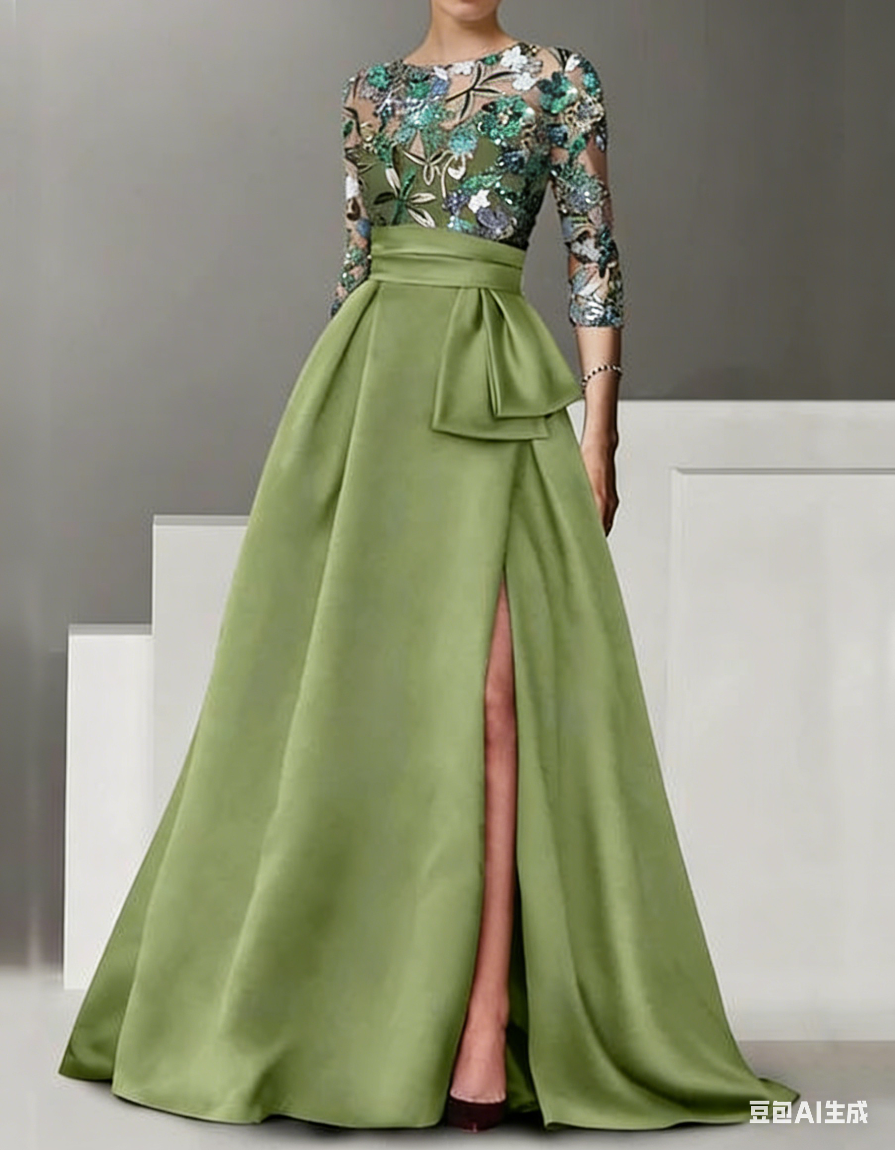 Vestido maxi con cintura ajustada, abertura y bordado de encaje satinado  