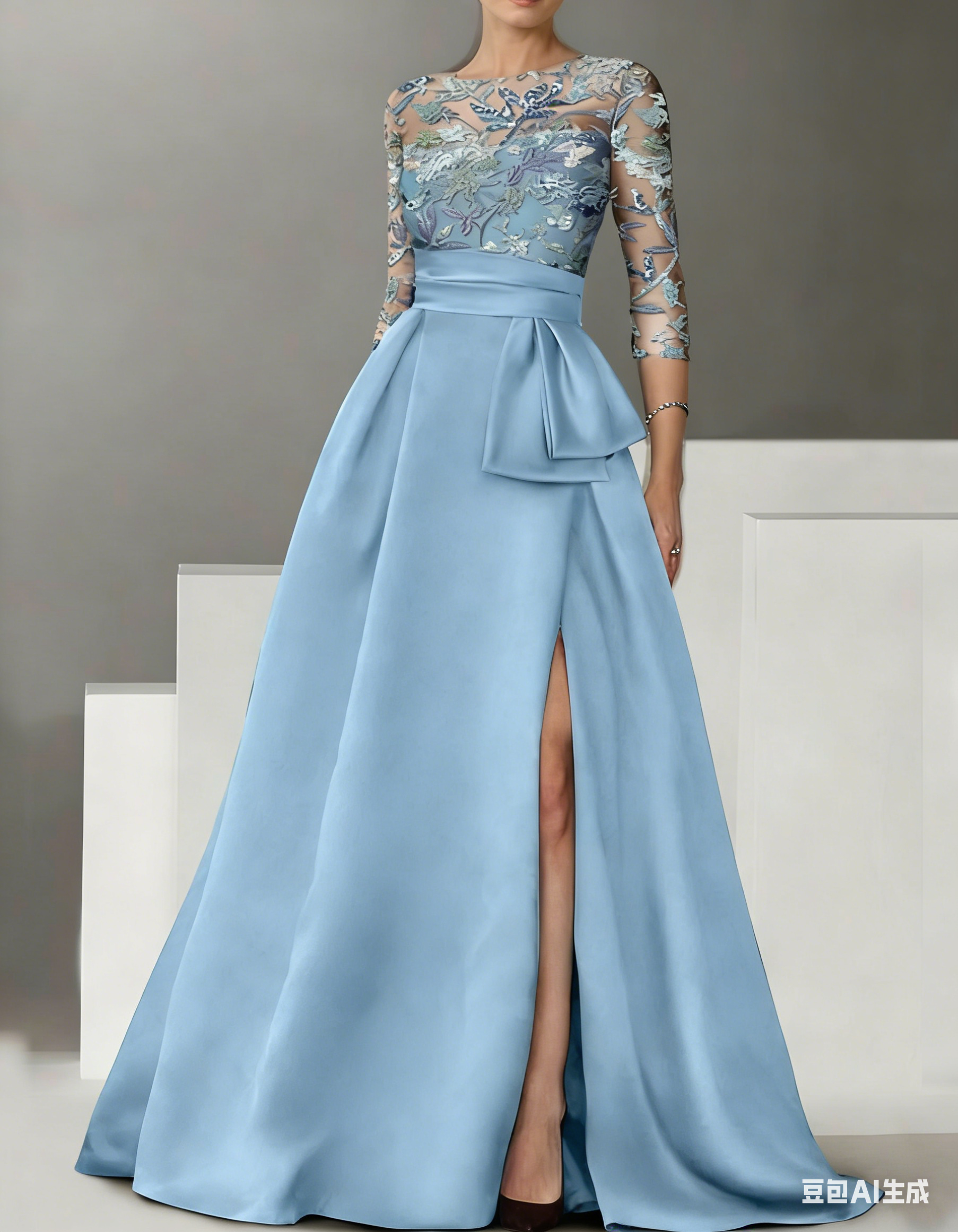 Vestido maxi con cintura ajustada, abertura y bordado de encaje satinado  