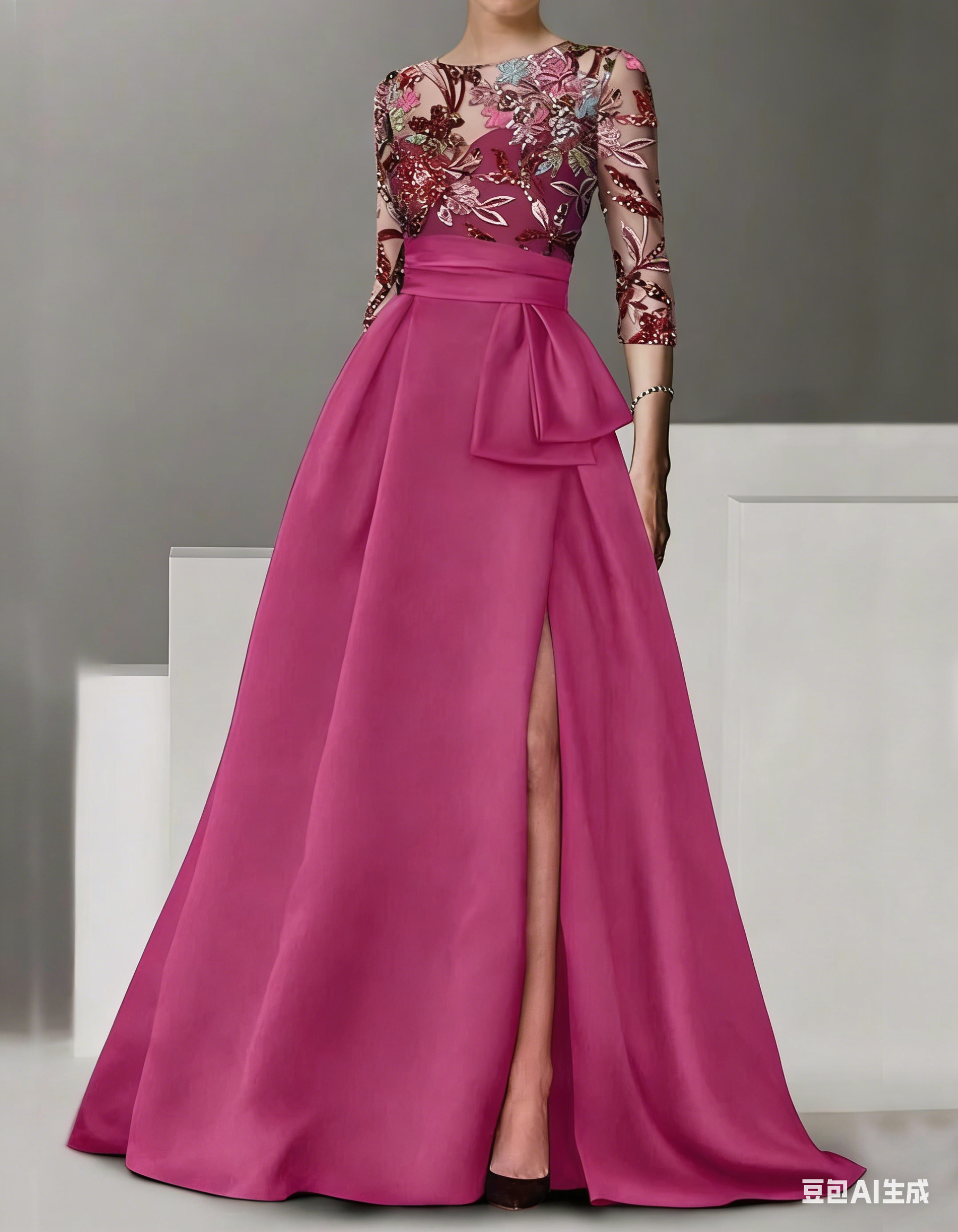 Vestido maxi con cintura ajustada, abertura y bordado de encaje satinado  
