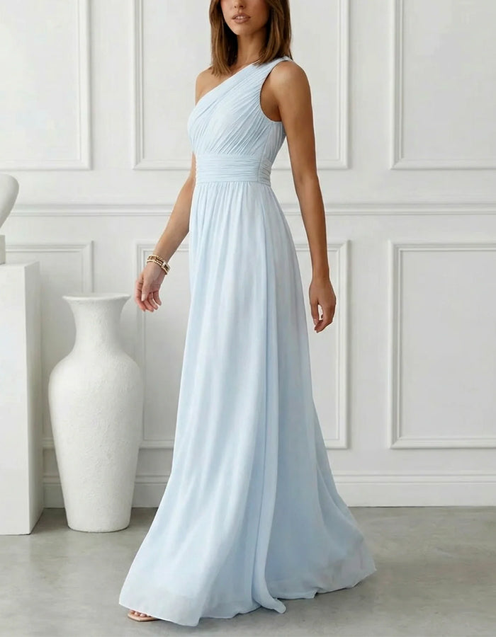 Solid Color Chiffon One Shoulder Fitted Waist Maxi Dress