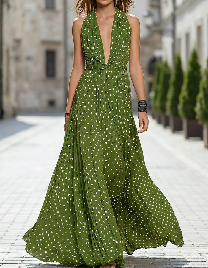 Olive Green White Polka Dot Deep Plunge Halter Pleated Chiffon Maxi Dress