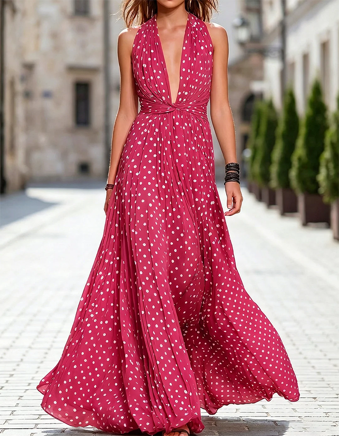 Olive Green White Polka Dot Deep Plunge Halter Pleated Chiffon Maxi Dress